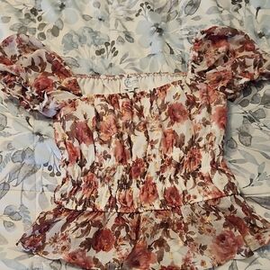 Blue Rain Floral Smocked Blouse with Puff Sleeves